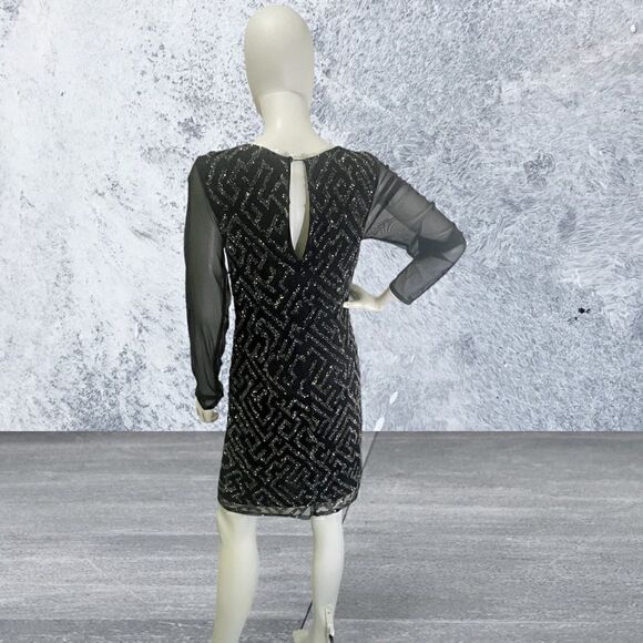 Aidan Mattox Long Sheer Sleeve Beaded Short Black Dress - Picture 4 of 7